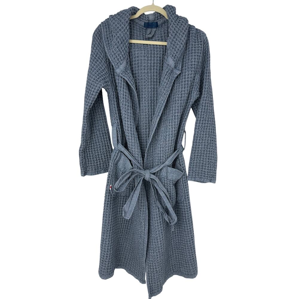 Onsen Waffle Weave Supima Cotton Hooded Spa Robe Blue Medium Luxury Bathrobe